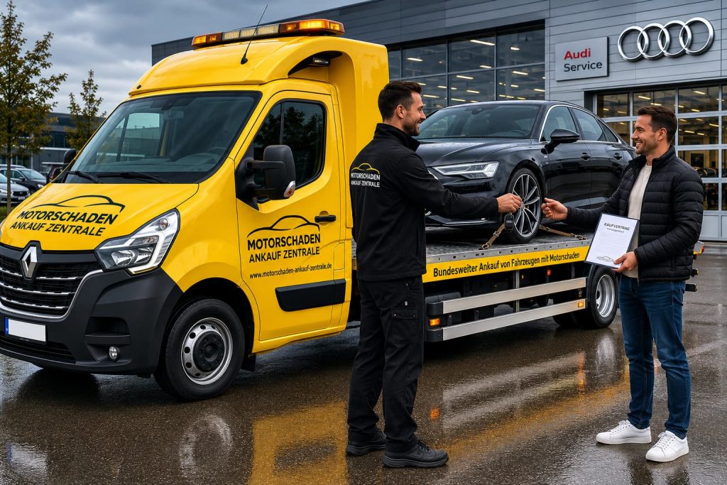 Sofortige Auszahlung beim Autoankauf – Kunde erhält Kaufvertrag und Fahrzeugschlüssel nach dem Verkauf seines Audi mit Motorschaden.