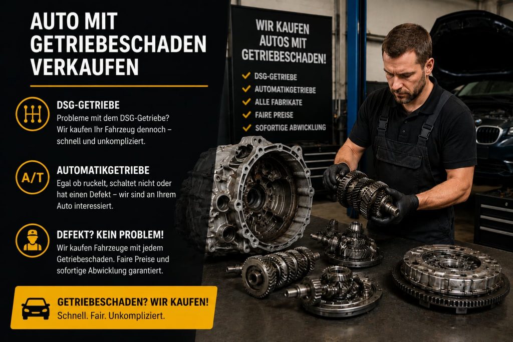 Auto mit Getriebeschaden verkaufen – Mechaniker prüft DSG-Getriebe und Automatikgetriebe in einer Werkstatt mit Getriebeteilen und Fahrzeug im Hintergrund.
