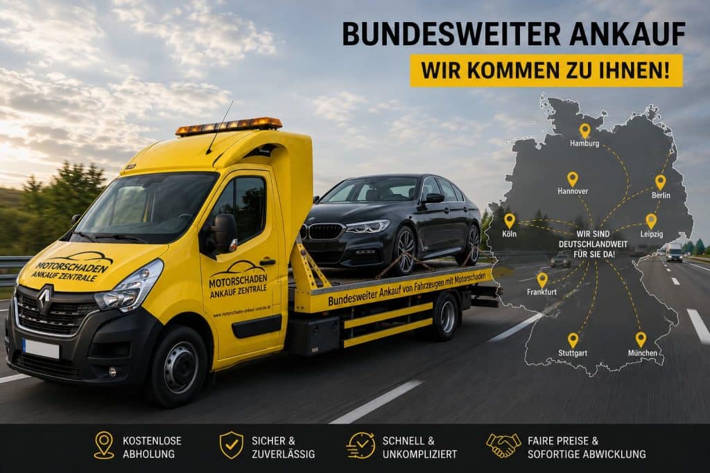 Bundesweiter Autoankauf mit Fahrzeugabholung – Renault-Master-Abschleppwagen transportiert einen BMW auf der Autobahn mit Deutschlandkarte im Hintergrund.