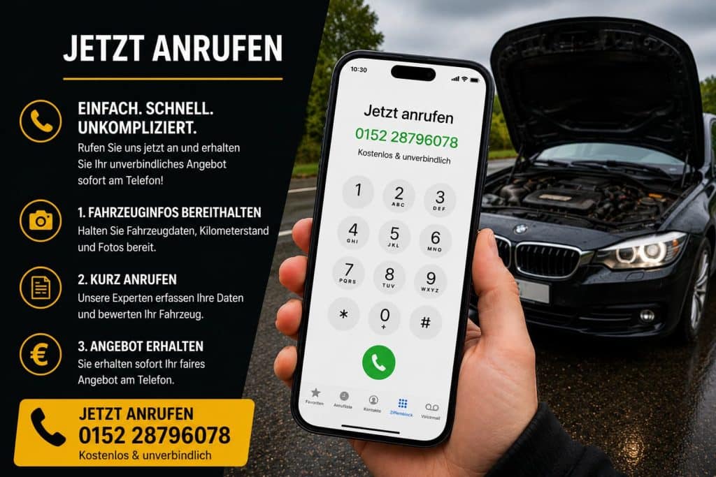 Jetzt anrufen und Auto mit Motorschaden verkaufen – Smartphone mit Telefonnummer, BMW mit geöffneter Motorhaube und Motorschaden im Hintergrund.