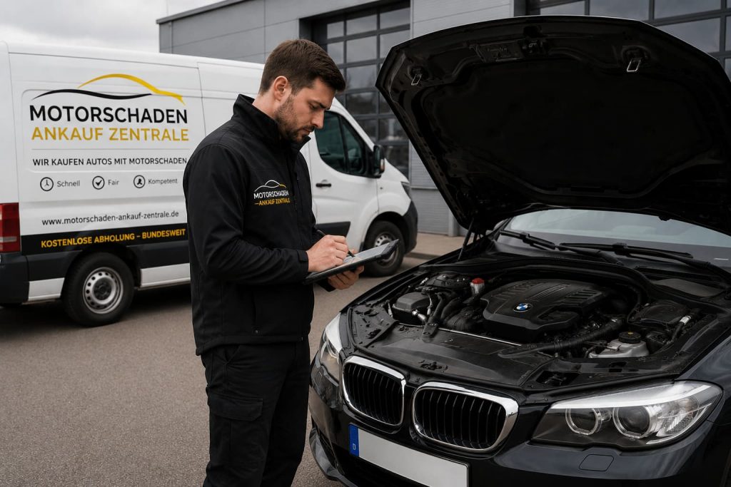 Fahrzeugbewertung vor Ort – Mitarbeiter prüft BMW mit geöffneter Motorhaube und ermittelt den Fahrzeugwert mit Tablet.