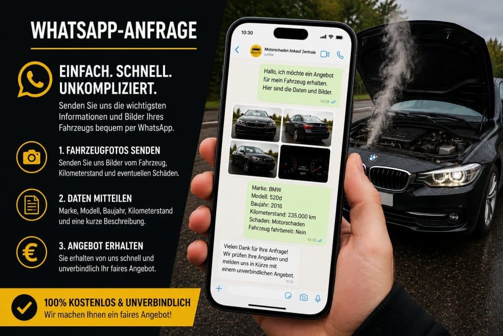 WhatsApp-Anfrage für den Fahrzeugverkauf mit Motorschaden – BMW mit qualmendem Motor und geöffneter Motorhaube, Angebotsanfrage per Smartphone an die Motorschaden Ankauf Zentrale.